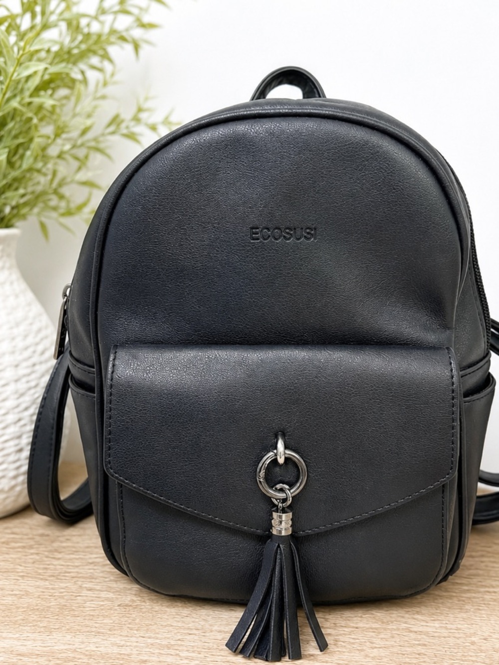 ECOSUSI Mini Backpack Convertible Purse Tassel Detail - Black